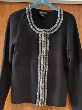 WHBM ELEGANT BLACK CARDIGAN with WHITE & BLACK RUFFLE ACCENTS